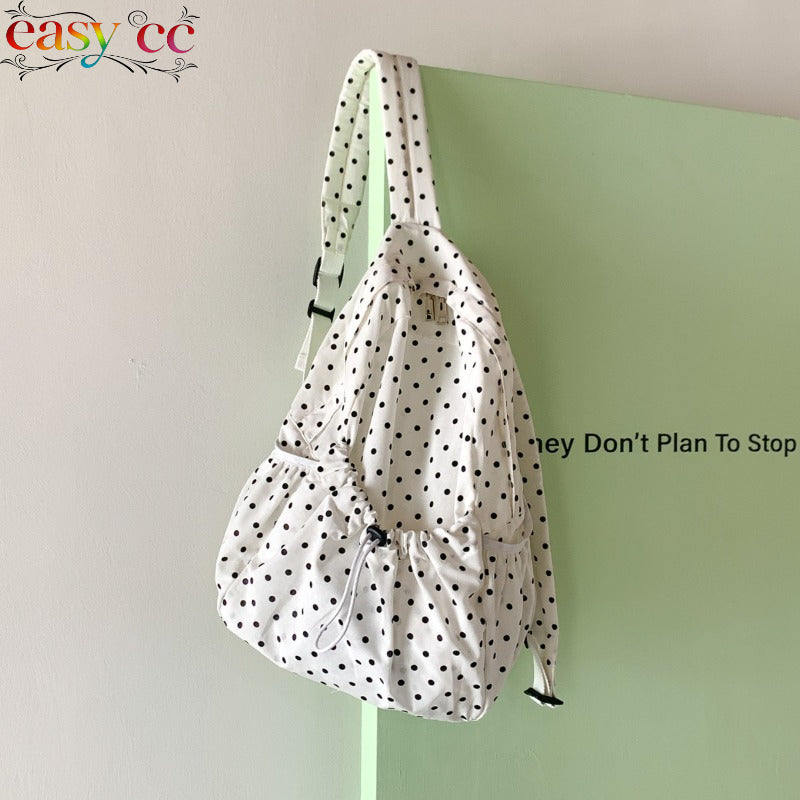 Polka Dot Backpack - Lightweight \u002F School Bag with Pleated & Drawstring Closure, Suitable for School, College, Travel, Casual Use, Zipper Closure for Books, Laptop, Daily