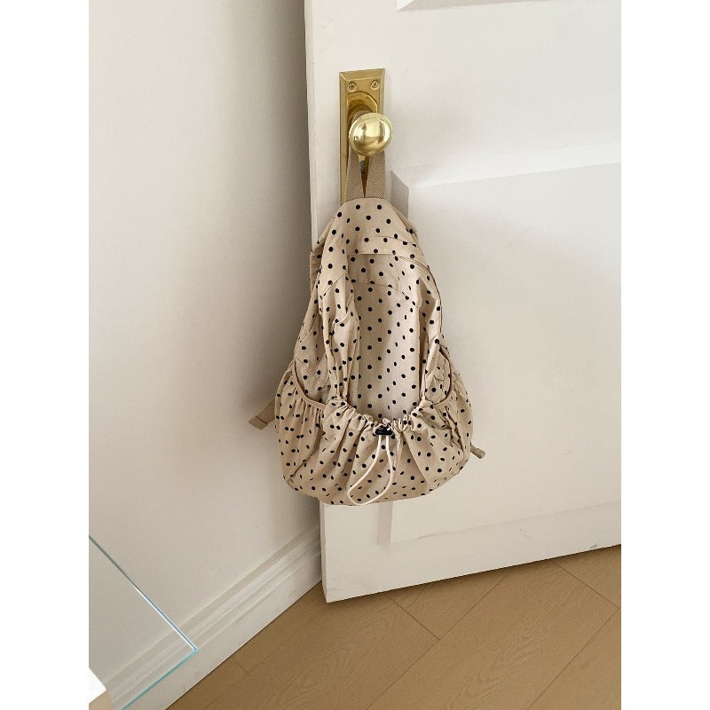 Polka Dot Backpack - Lightweight \u002F School Bag with Pleated & Drawstring Closure, Suitable for School, College, Travel, Casual Use, Zipper Closure for Books, Laptop, Daily