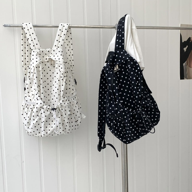Polka Dot Backpack - Lightweight \u002F School Bag with Pleated & Drawstring Closure, Suitable for School, College, Travel, Casual Use, Zipper Closure for Books, Laptop, Daily