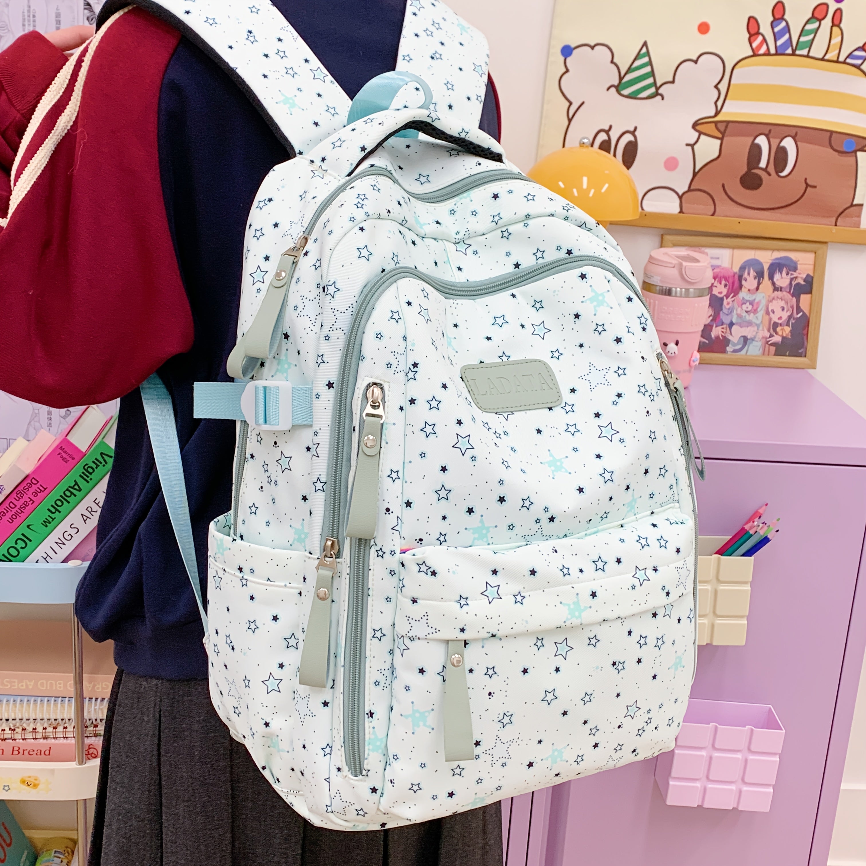 New Fashionable Star-Patterned Multi-Compartment Backpack for Women, Large-Capacity Student School Bag, Versatile and Cute Commuter Backpack for, Classic and Timeless, Available in Pink, Blue, Green, Black, and, Fits Tablets, Suitable for Short