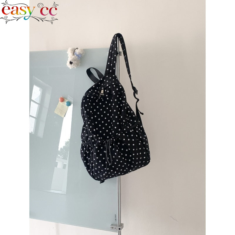Polka Dot Backpack - Lightweight \u002F School Bag with Pleated & Drawstring Closure, Suitable for School, College, Travel, Casual Use, Zipper Closure for Books, Laptop, Daily