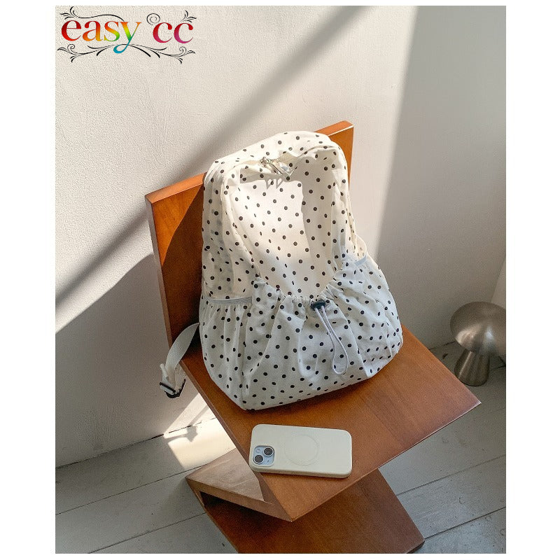 Polka Dot Backpack - Lightweight \u002F School Bag with Pleated & Drawstring Closure, Suitable for School, College, Travel, Casual Use, Zipper Closure for Books, Laptop, Daily