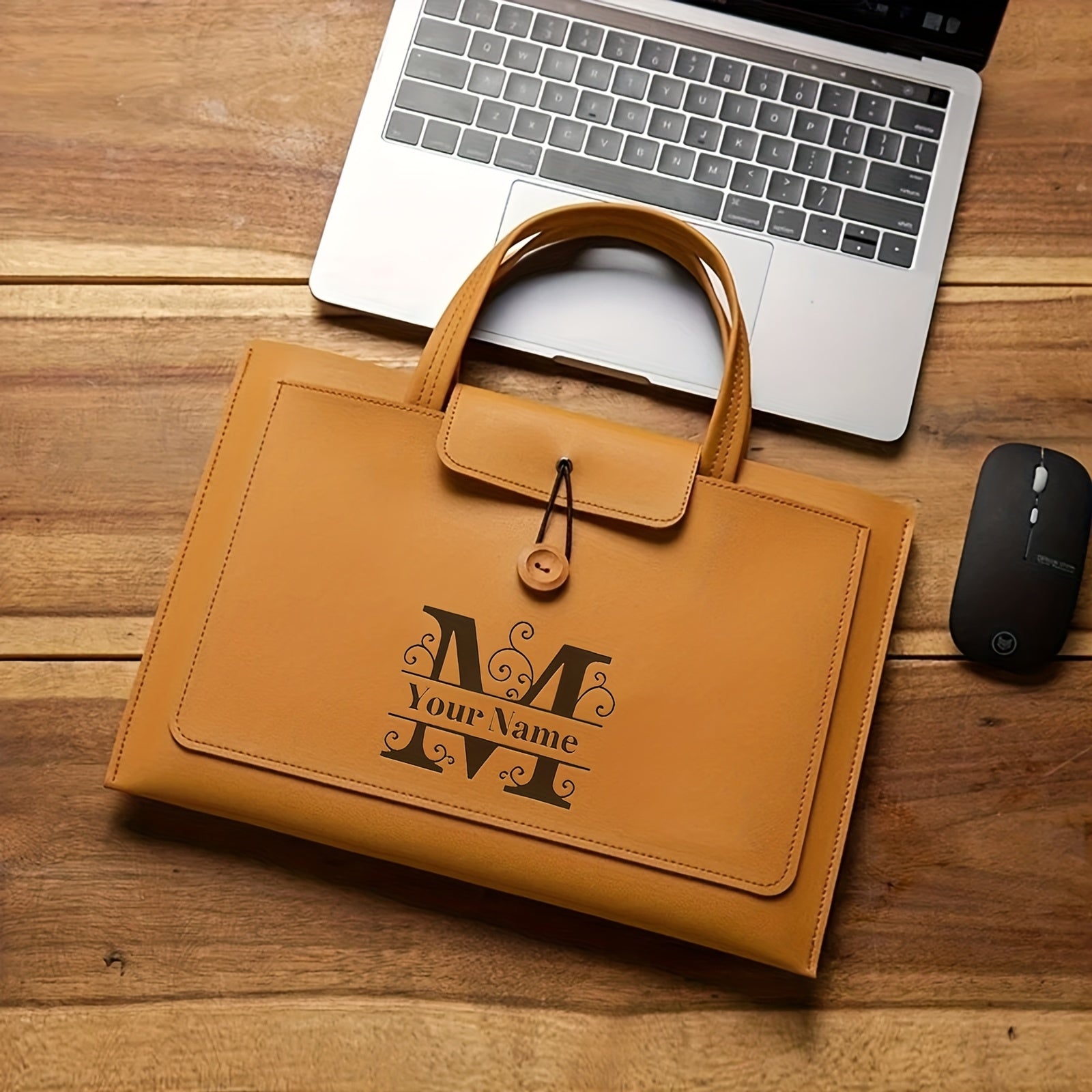 A Lightweight Laptop Bag for Custom Orders, Available in Brown, Light Pink, Dark Green, Navy Blue, Dark Gray, And Light Gray. It Features Laser-Engraved Names in a Business Style, Suitable for 15.6\u002F16-Inch Laptops