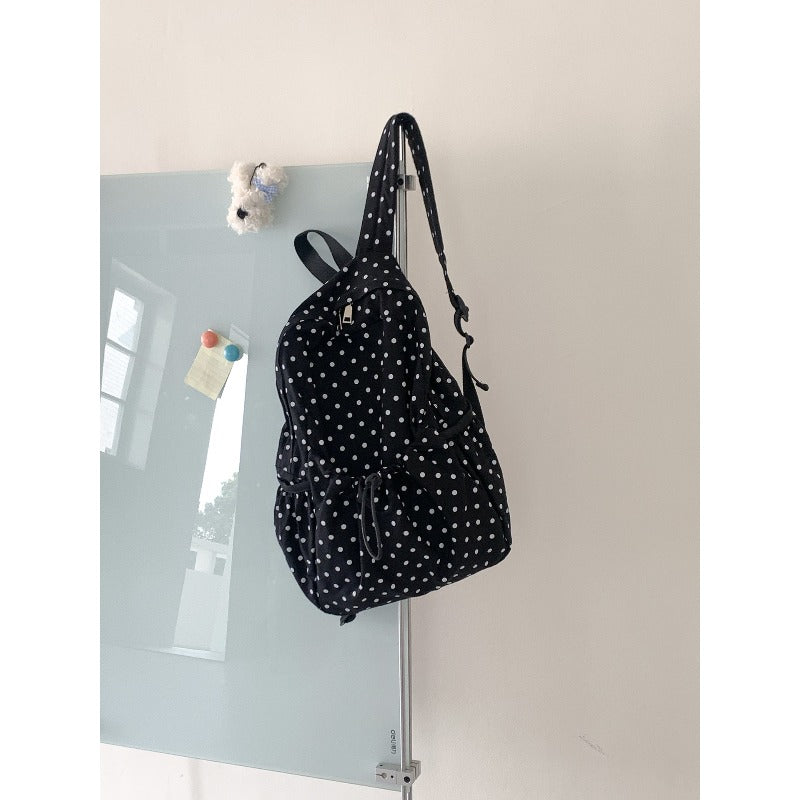 Polka Dot Backpack - Lightweight \u002F School Bag with Pleated & Drawstring Closure, Suitable for School, College, Travel, Casual Use, Zipper Closure for Books, Laptop, Daily