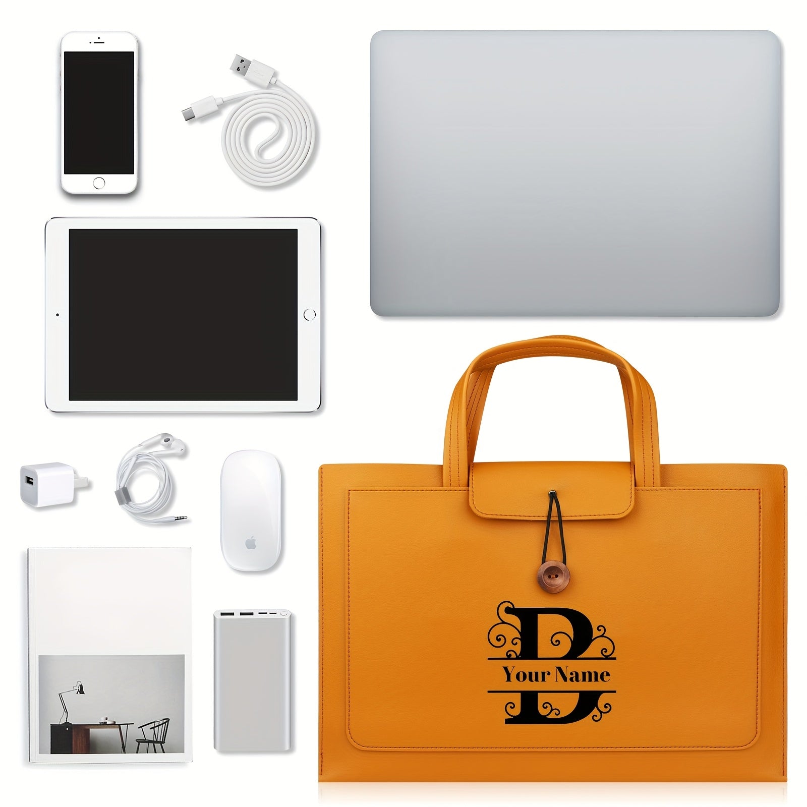 A Lightweight Laptop Bag for Custom Orders, Available in Brown, Light Pink, Dark Green, Navy Blue, Dark Gray, And Light Gray. It Features Laser-Engraved Names in a Business Style, Suitable for 15.6\u002F16-Inch Laptops